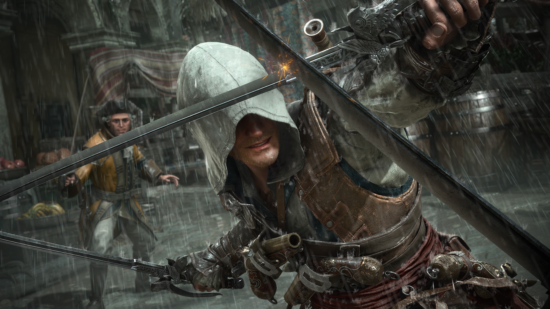 AC Black Flag Resynced combat — Edward Kenway dual-wielding swords and pistols against multiple enemies