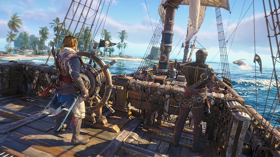 AC Black Flag Resynced naval combat — the Jackdaw engaging enemy ships with upgraded cannons